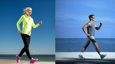 Uomo e Donna indossano scarpe da walking e praticano camminata sportiva in riva al mare