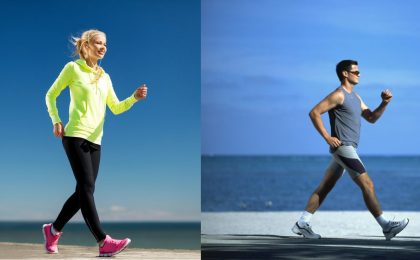 Uomo e Donna indossano scarpe da walking e praticano camminata sportiva in riva al mare