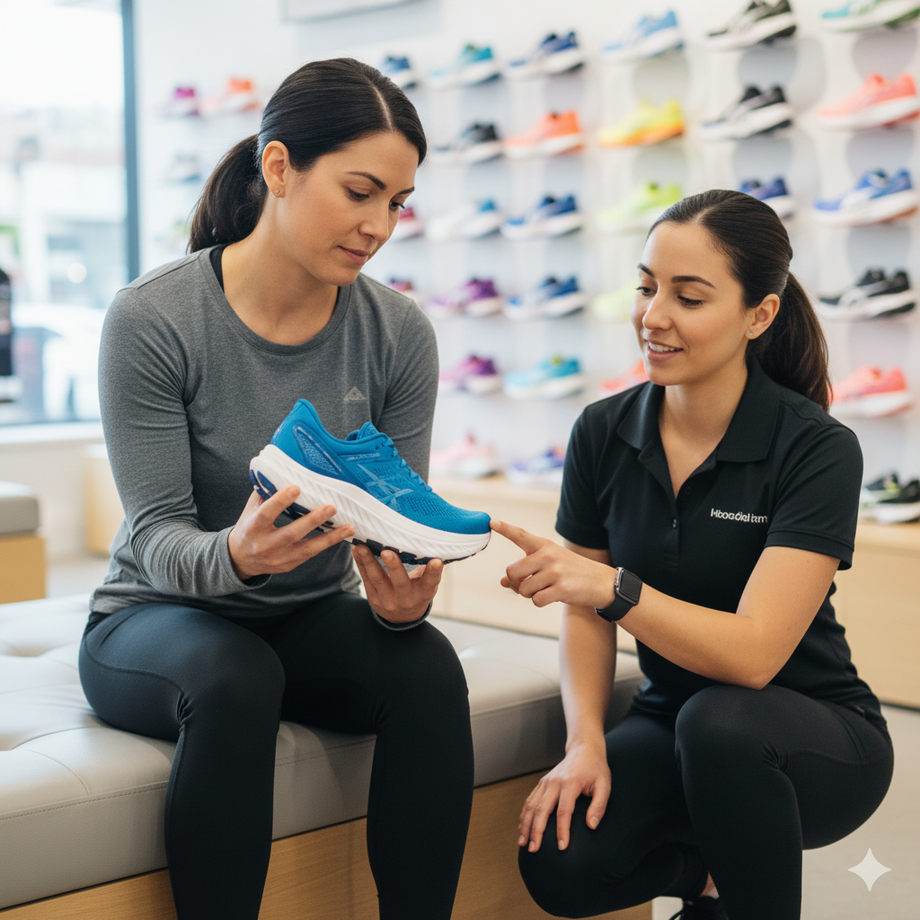 Come Scegliere le Scarpe Running Ammortizzate Giuste - Consulenza Esperta Runner donna che riceve consulenza esperta nella scelta delle scarpe running ammortizzate in negozio specializzato - analisi caratteristiche tecniche