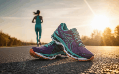 Migliori Scarpe Running Ammortizzate Donna 2025: Protezione e Comfort a Ogni Passo 1 Scarpe running ammortizzate donna viola e turchese con suola gel su asfalto al tramonto - runner in background durante jogging