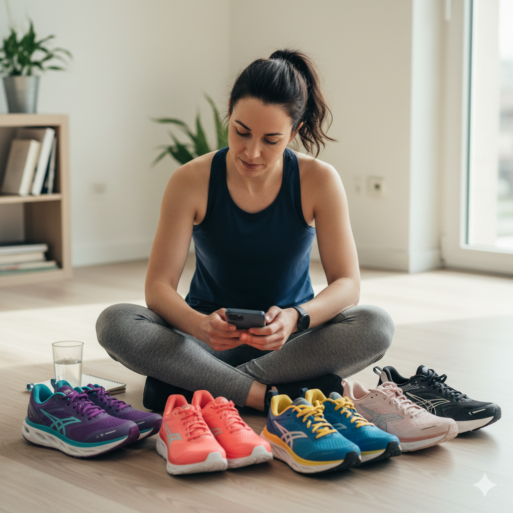 Come Scegliere le Scarpe Running Ammortizzate Giuste per Te Runner donna che confronta cinque diverse scarpe running ammortizzate per scegliere il modello perfetto - momento decisione acquisto